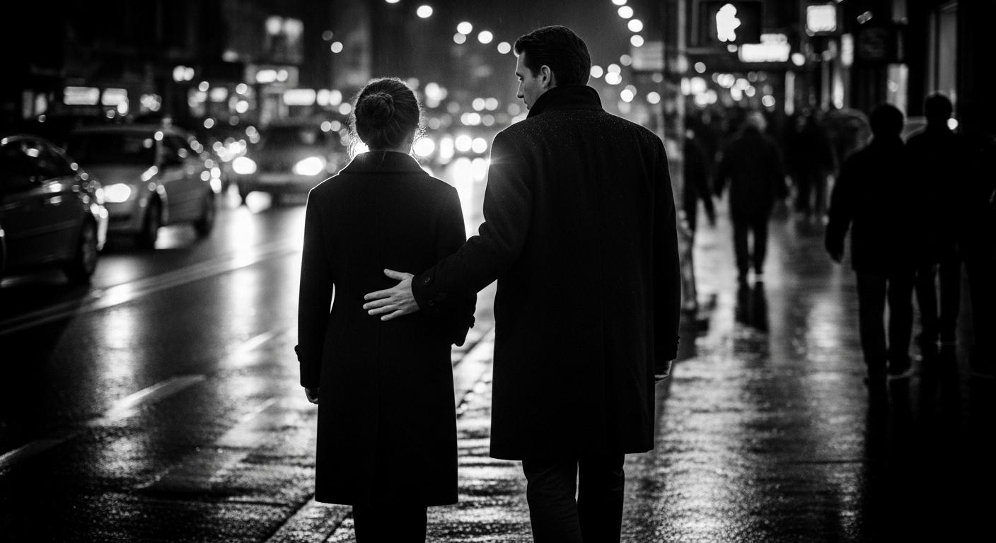 A man subtly guiding a woman through a crowd, illustrating protective leadership.