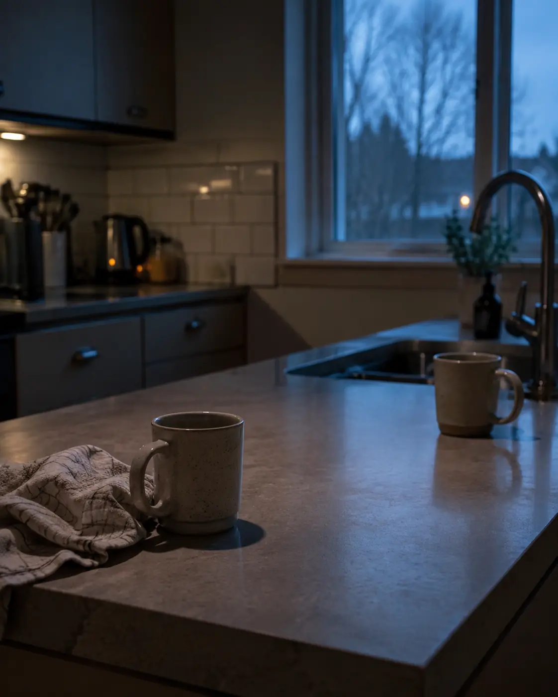 Two used mugs left apart on a kitchen bench before dawn